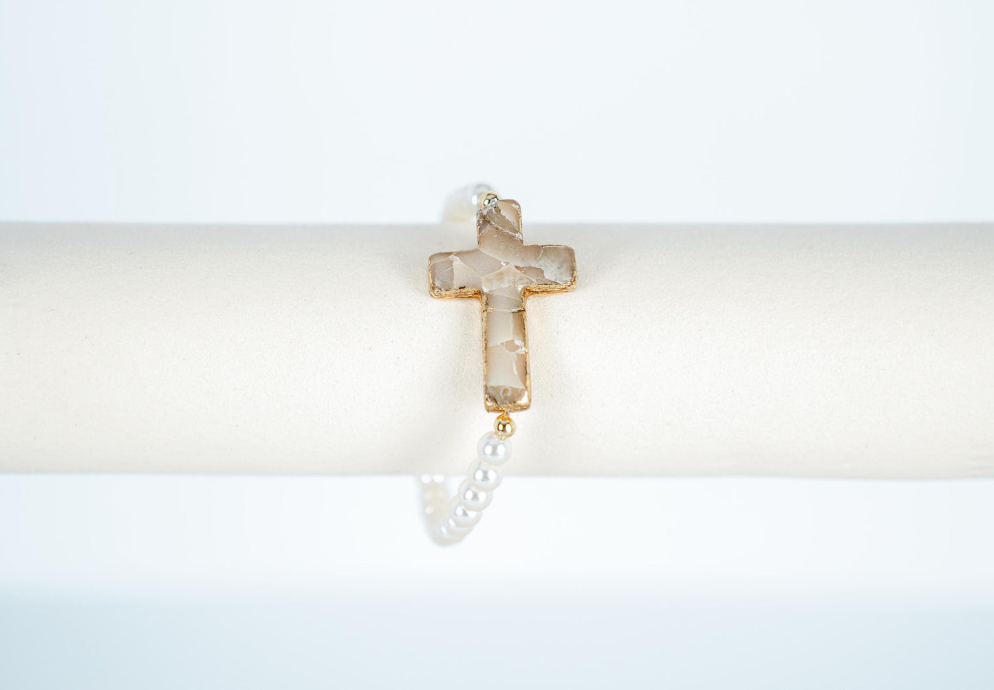 Handmade Cross Bracelet – Polymer Clay Stone-Inspired Charm with Gold Leaf & Glass Faux Pearls – Faith Jewelry Gift