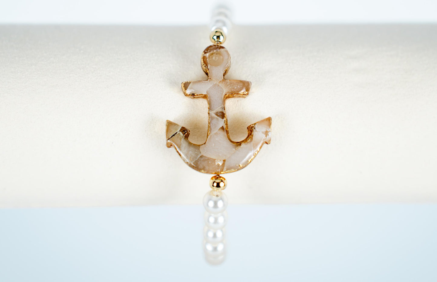 Nautical Anchor Bracelet – Polymer Clay Stone-Inspired Charm with Gold Leaf & Glass Faux Pearls – Coastal Jewelry Gift