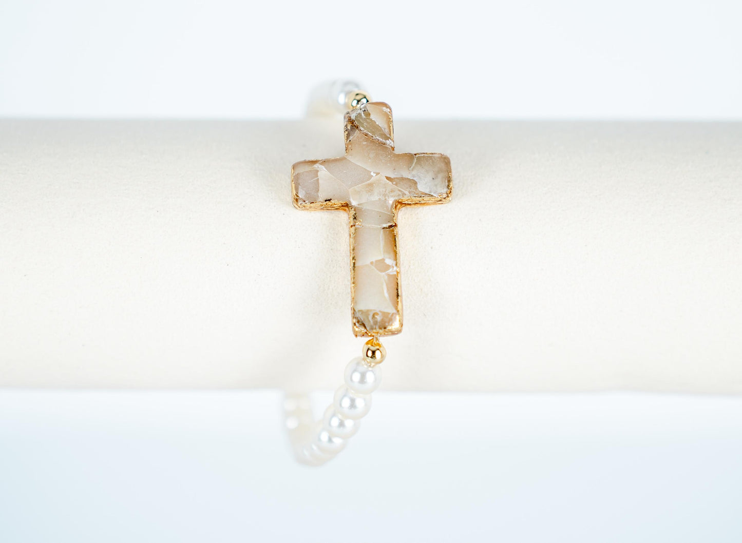 Handmade Cross Bracelet – Polymer Clay Stone-Inspired Charm with Gold Leaf & Glass Faux Pearls – Faith Jewelry Gift
