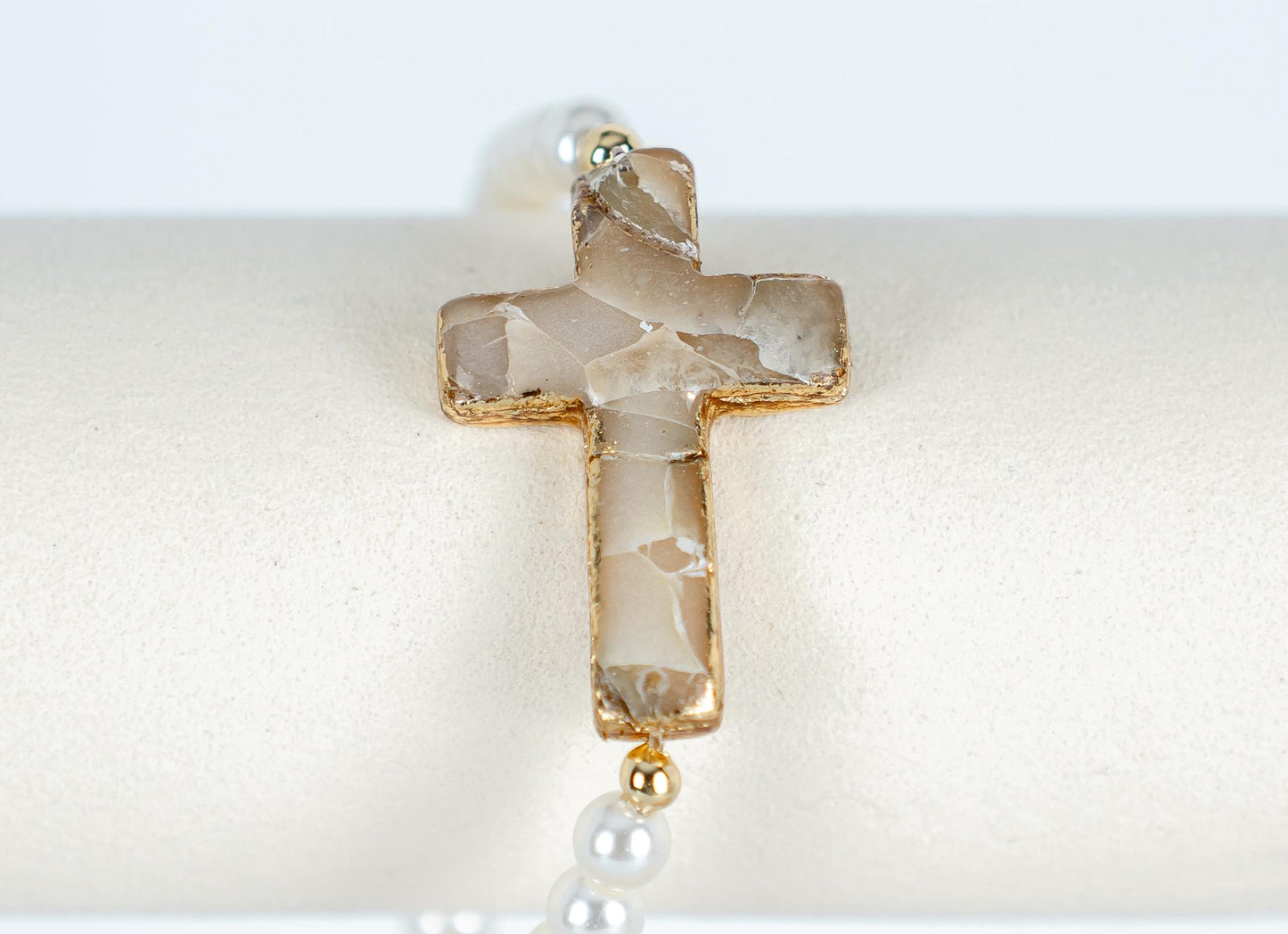 Handmade Cross Bracelet – Polymer Clay Stone-Inspired Charm with Gold Leaf & Glass Faux Pearls – Faith Jewelry Gift