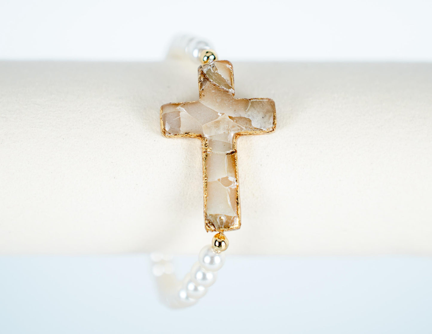 Handmade Cross Bracelet – Polymer Clay Stone-Inspired Charm with Gold Leaf & Glass Faux Pearls – Faith Jewelry Gift