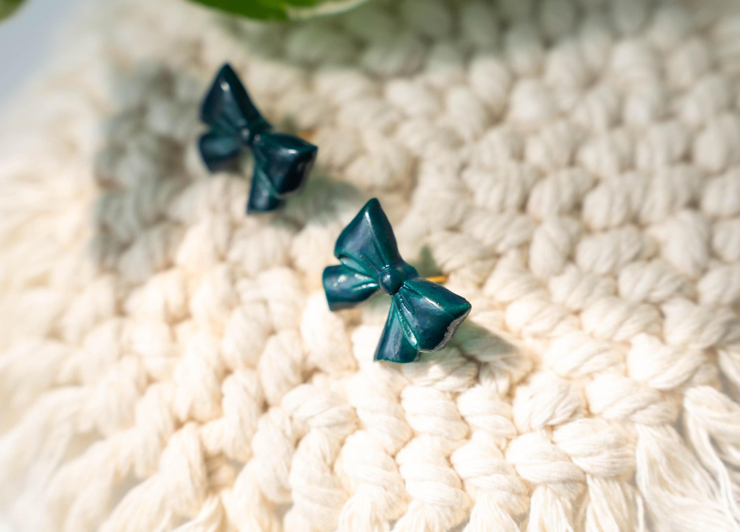 Dark Green Bow Earring Studs