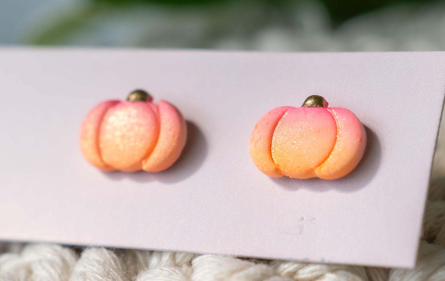 Pink and Orange Pumpkin Stud Earrings with a Gold Stem