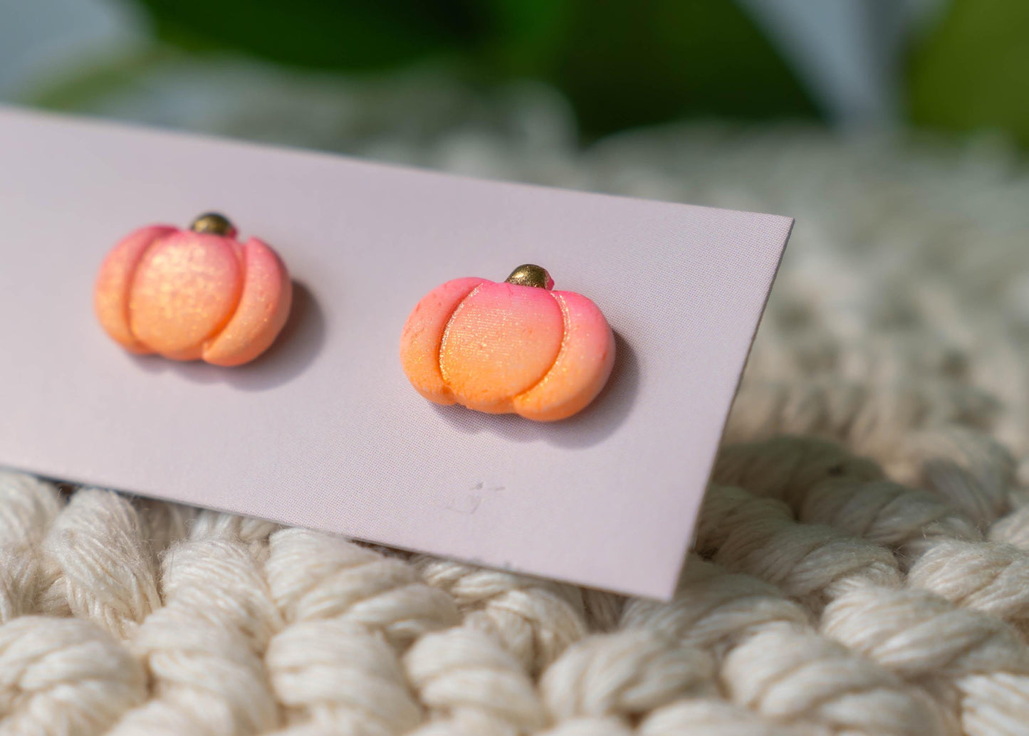 Pink and Orange Pumpkin Stud Earrings with a Gold Stem