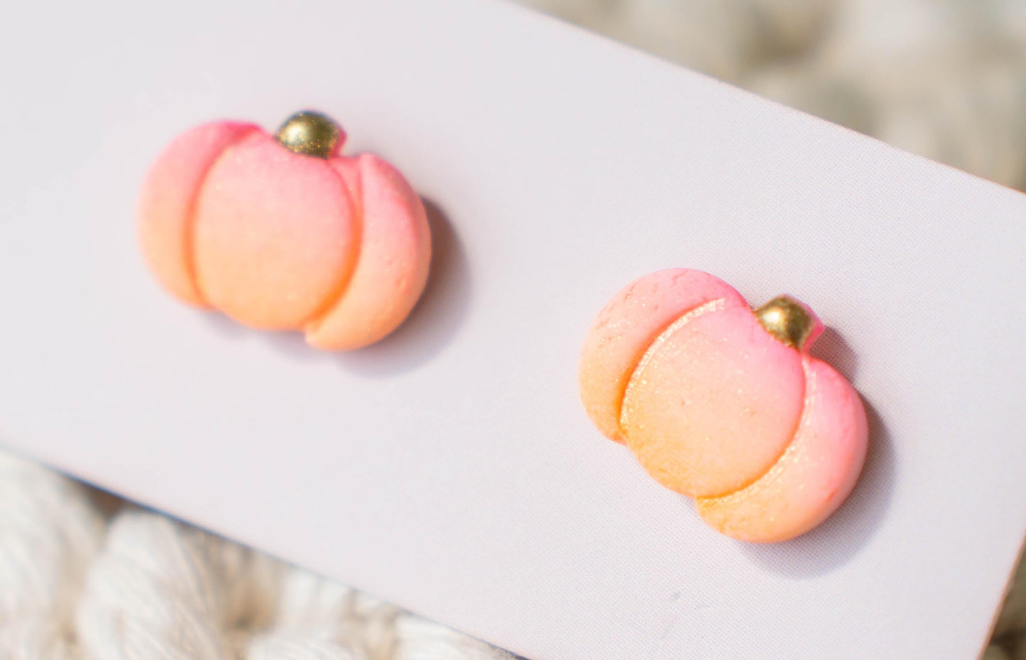 Pink and Orange Pumpkin Stud Earrings with a Gold Stem