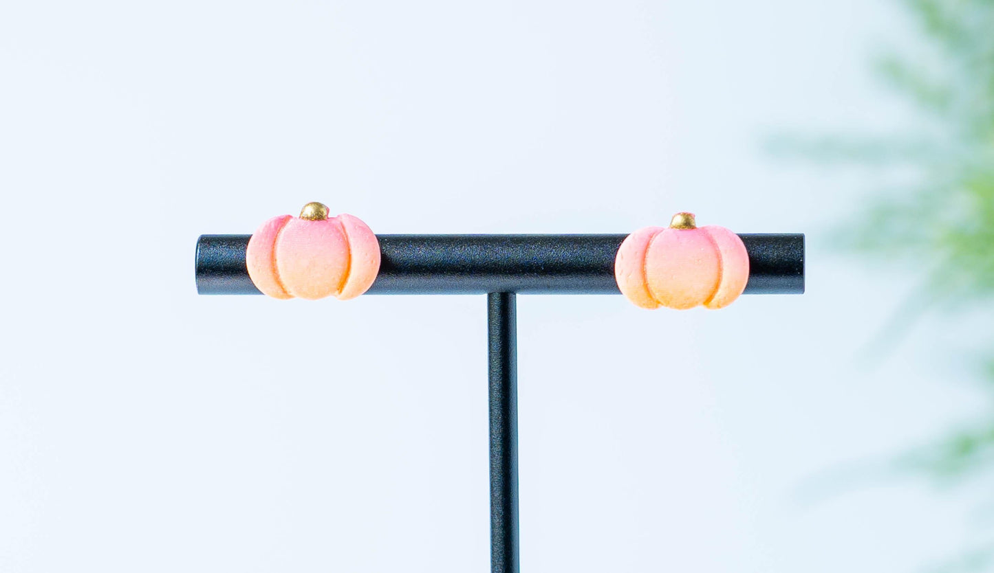 Pink and Orange Pumpkin Stud Earrings with a Gold Stem