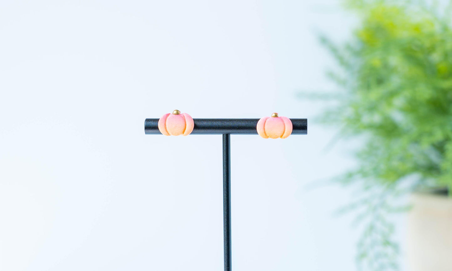 Pink and Orange Pumpkin Stud Earrings with a Gold Stem