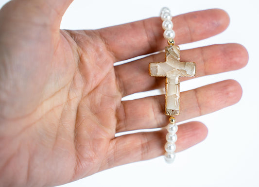 Handmade Cross Bracelet – Polymer Clay Stone-Inspired Charm with Gold Leaf & Glass Faux Pearls – Faith Jewelry Gift