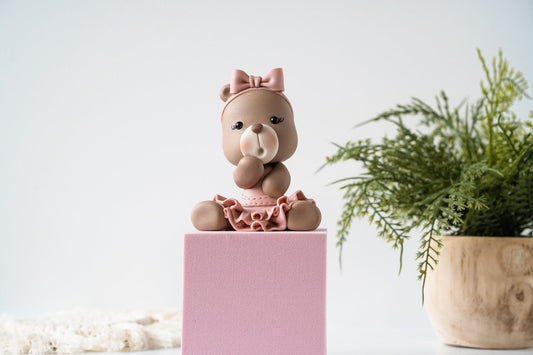 Brown Bear with Pink Dress and Pink Hair bow Cake Topper