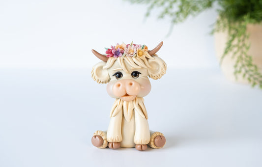 Highland Cow with Flowers, Cake Topper, Cow Desk Buddy, Cow Car Passenger, Flower Crown, Cow Lover, Gifts for Cow Lovers