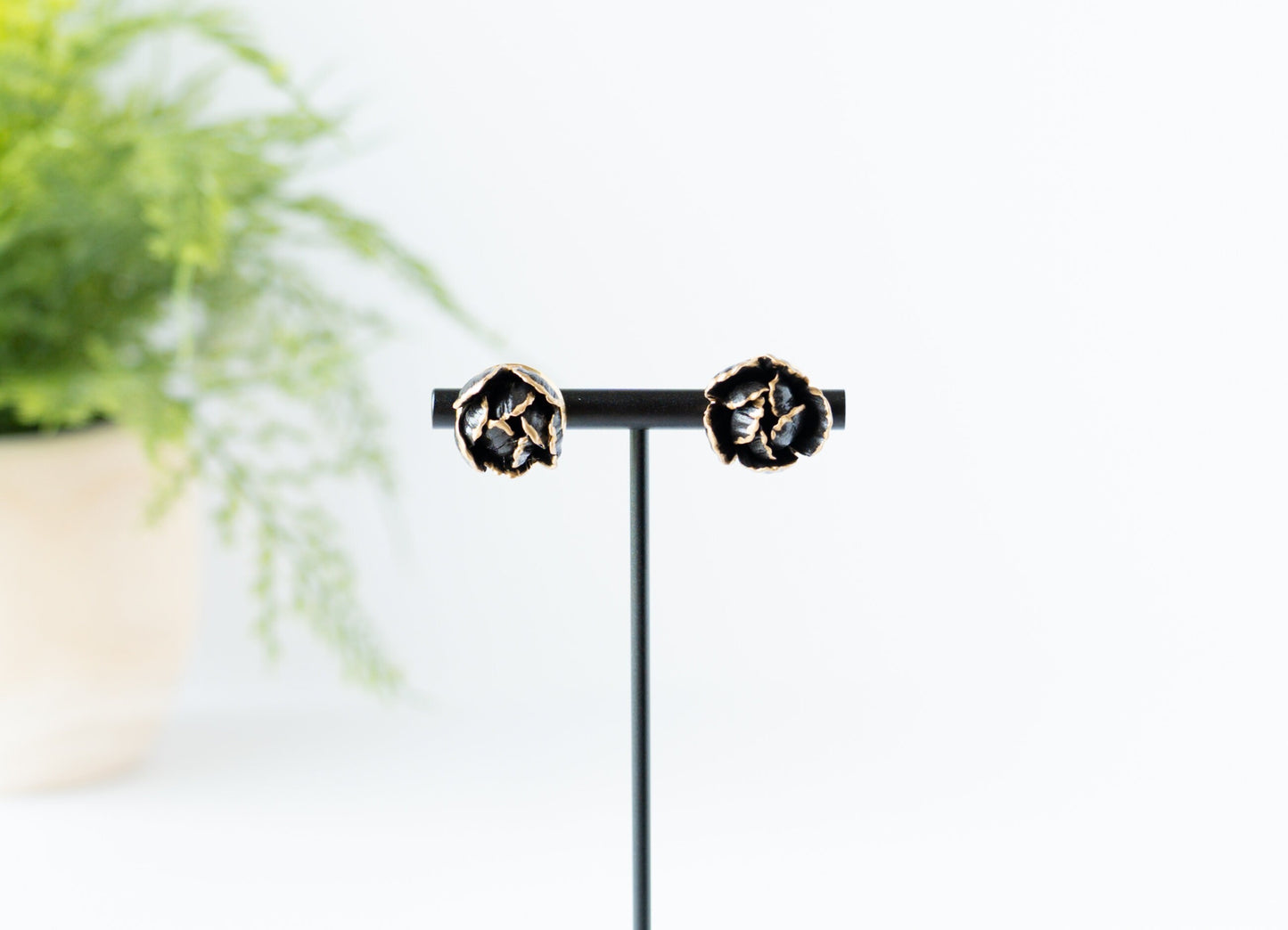 Black and Gold Peony Flower Earrings