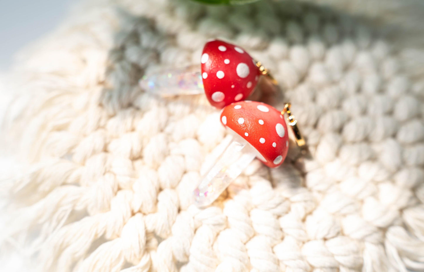 Red and White Dot Mushroom Cap with Resin Stem Dangle Earrings