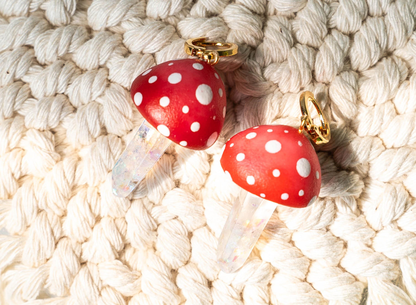 Red and White Dot Mushroom Cap with Resin Stem Dangle Earrings