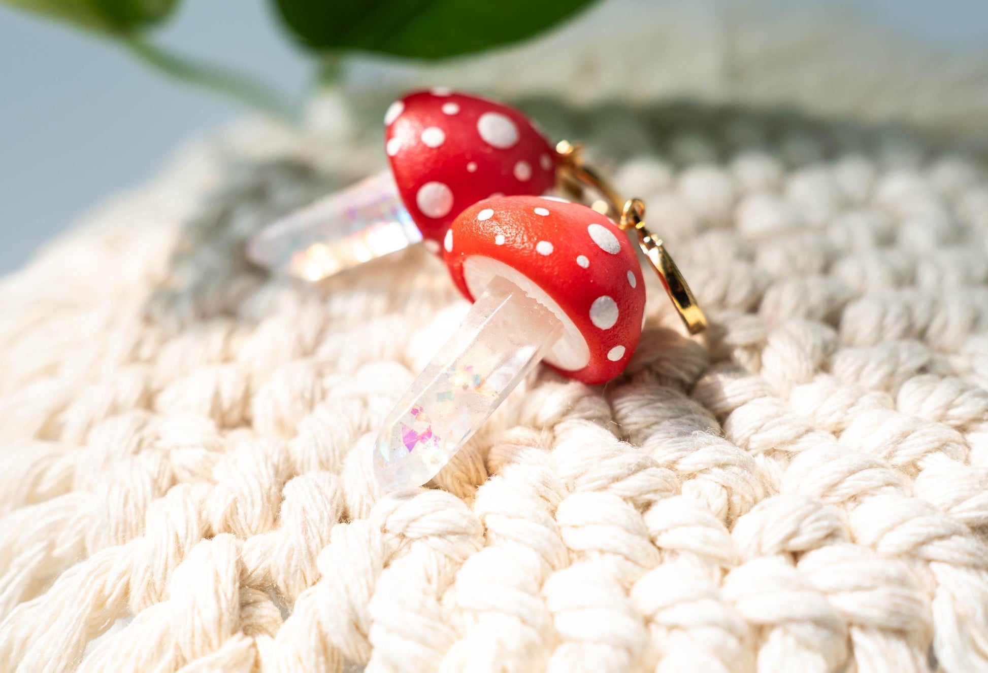 Red and White Dot Mushroom Cap with Resin Stem Dangle Earrings 