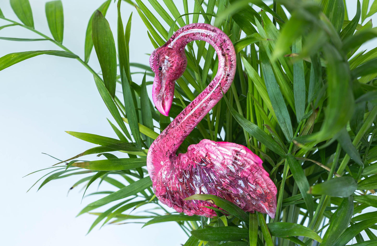 Flamingo Figurine Plant Stick, Handmade Resin Flamingo, 2D Flamingo, Plant Pal, Cake Topper, Sinking Ink Effect, Blown Glass effect
