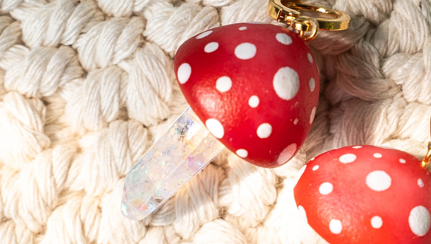 Red and White Dot Mushroom Cap with Resin Stem Dangle Earrings