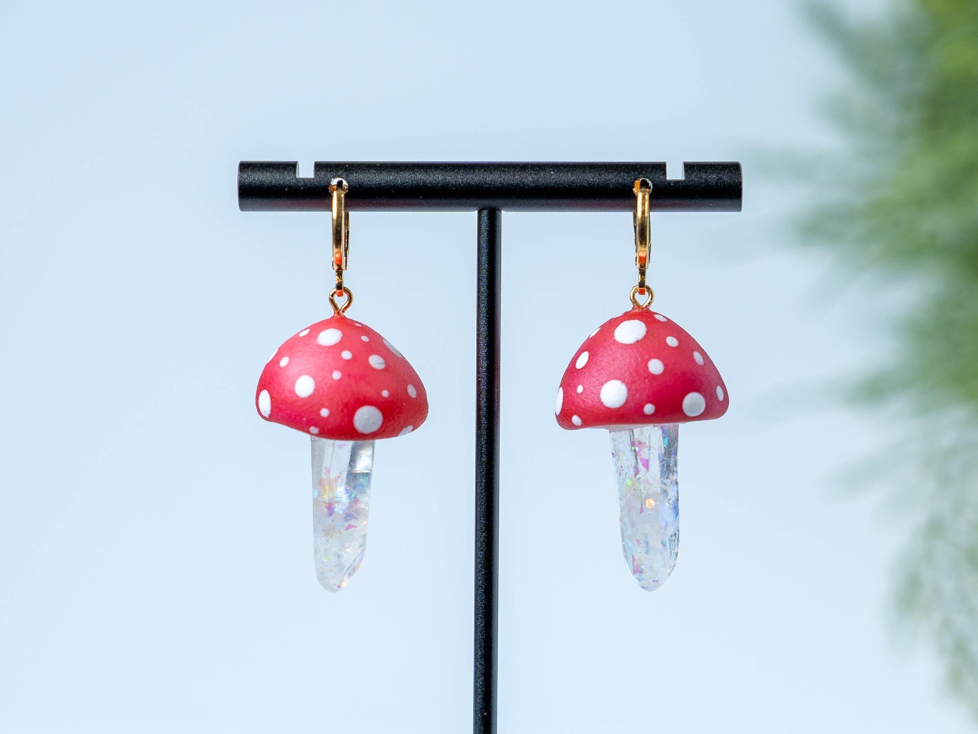 Red and White Dot Mushroom Cap with Resin Stem Dangle Earrings